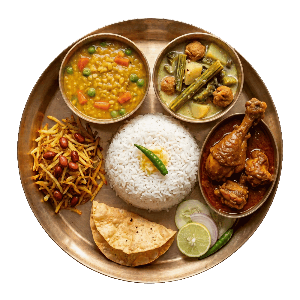 কাঁসার থালায় চিকেন লেগ পিসের গ্রেভি, ভাত, ডাল, সবজি ও আলুভাজা